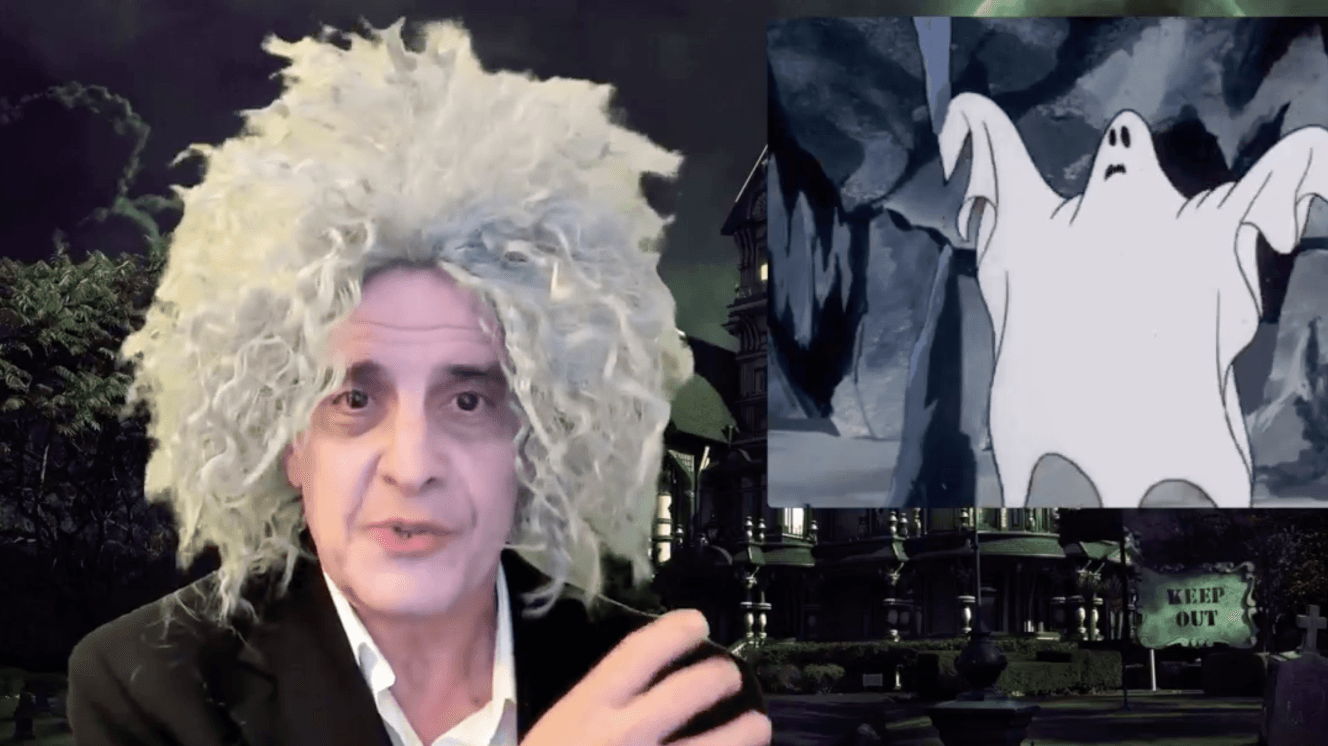 Doug Rawady in Halloween costume with gray wig and ghost illustration next to him. 