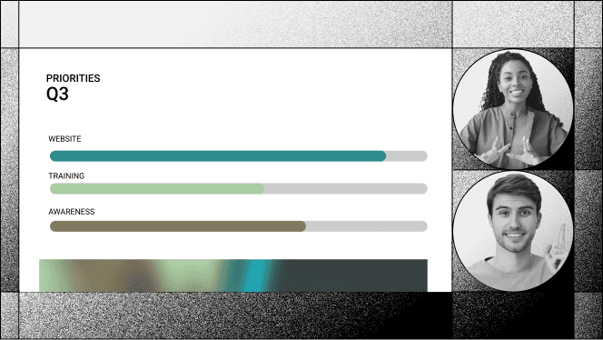 Slide that says "Priorities Q3" with two people in black and white circle frames on the right side