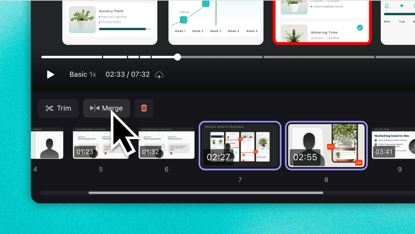 Mock app content about plant care in the mmhmm user interface. Merge editing option below.