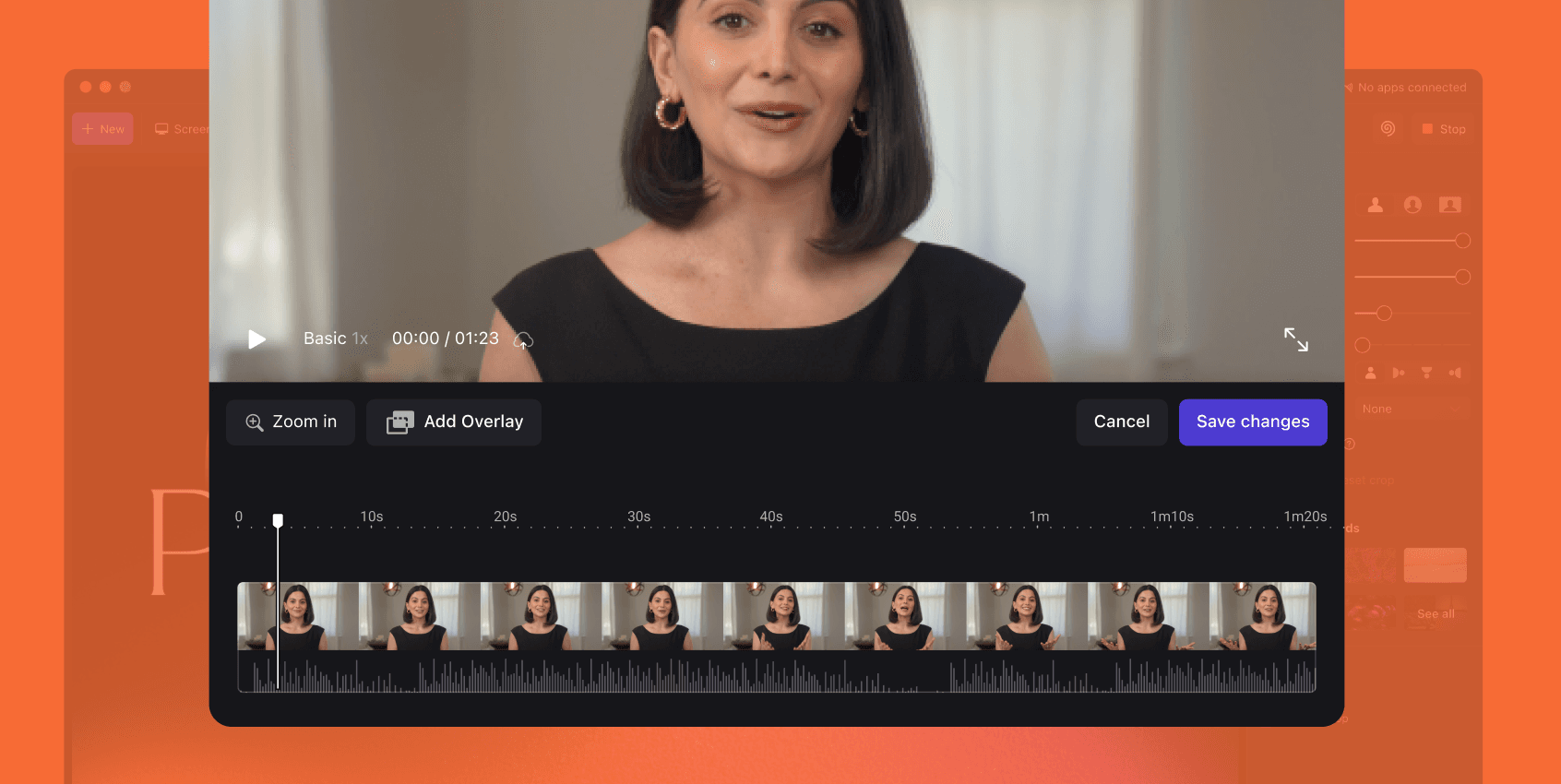 A close-up view of the editor, showing a precision timeline, basic controls, and an audio waveform