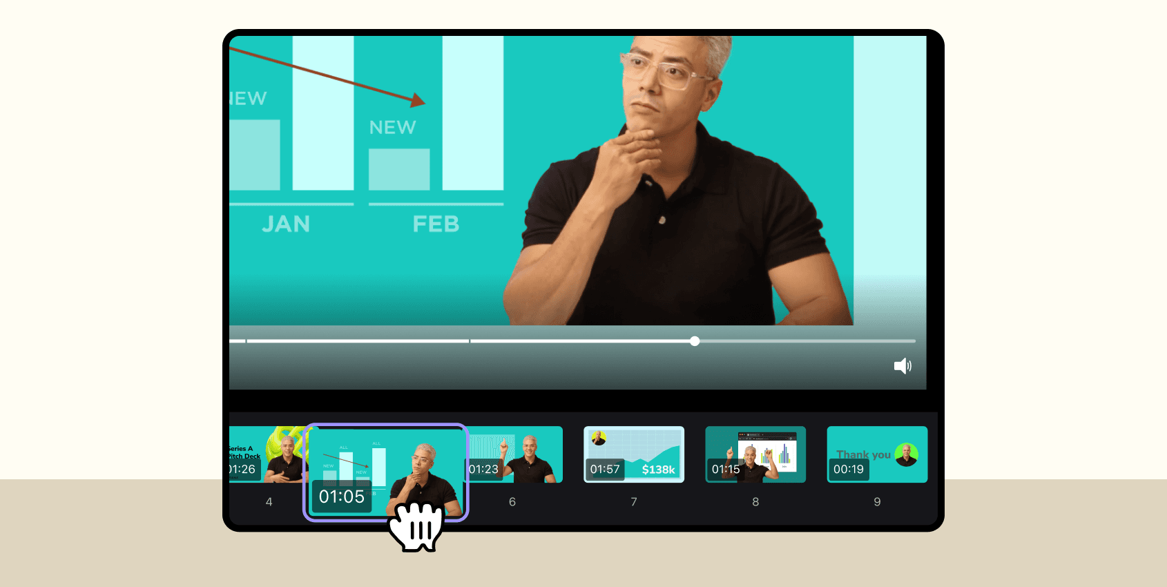 A video recorded is being edited in the mmhmm app. A chapter where the confident man looks pensive above a chart is being moved to a new location in the video.